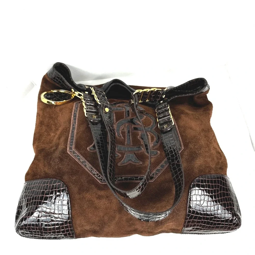 Tory Burch Espresso Suede Croc Embossed Satchel Shoulder Tote Bag Large Preowned
